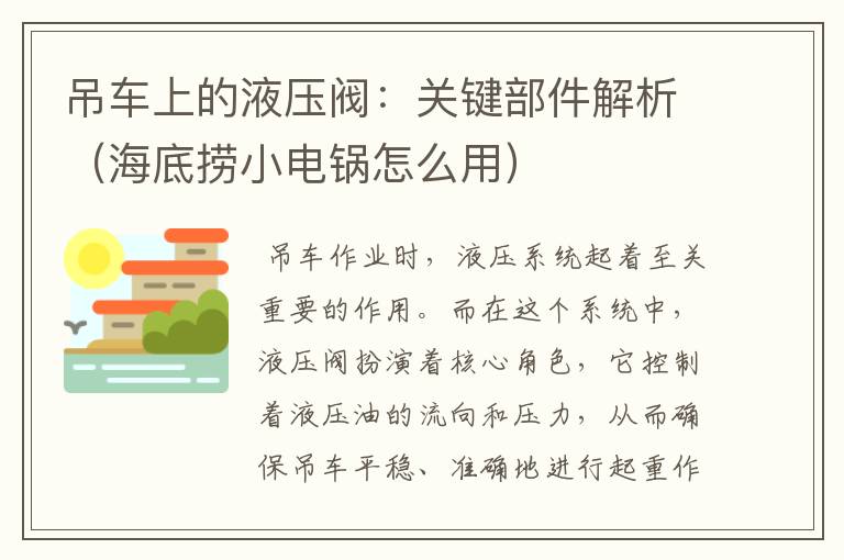 吊车上的液压阀：关键部件解析（海底捞小电锅怎么用）