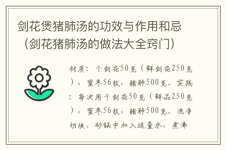 剑花煲猪肺汤的功效与作用和忌（剑花猪肺汤的做法大全窍门）